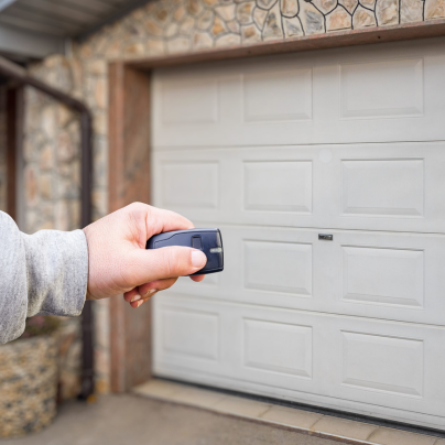 Bowling Green security key fob pointing to a garage door