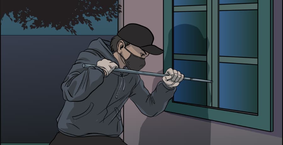 Illustration of burglar forcing entry through a window in Bowling Green